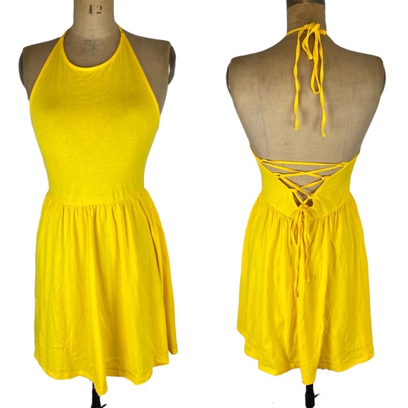 ASOS Dresses & Skirts - ASOS Yellow Halter Neck Lace-Up Mini Dress Size 8
